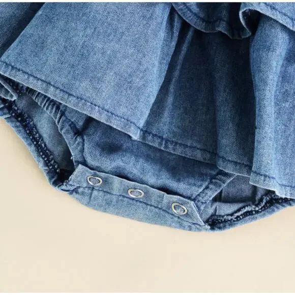 Hazel & Bo EMILY Layered Ruffles Denim Romper - Size 0-3 Months - Picture 4 of 5